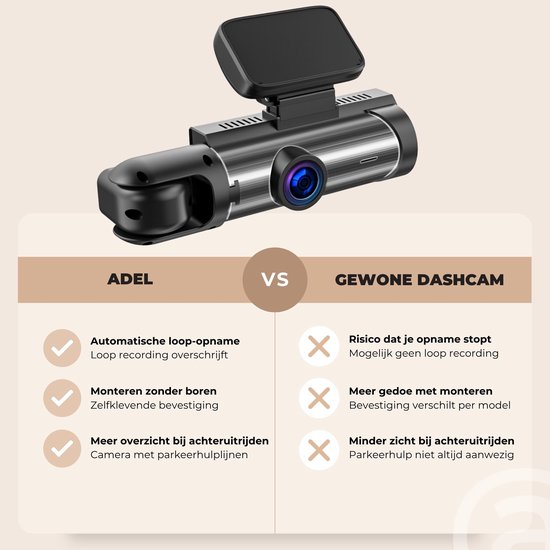 ADEL Dashcam voor Auto met 3 Camera’s, 1080P Full HD & Nachtzicht - WiFi & App - Voor, Binnen & Achter Camera - Incl. 32GB SD Kaart & NL Handleiding — afbeelding 3