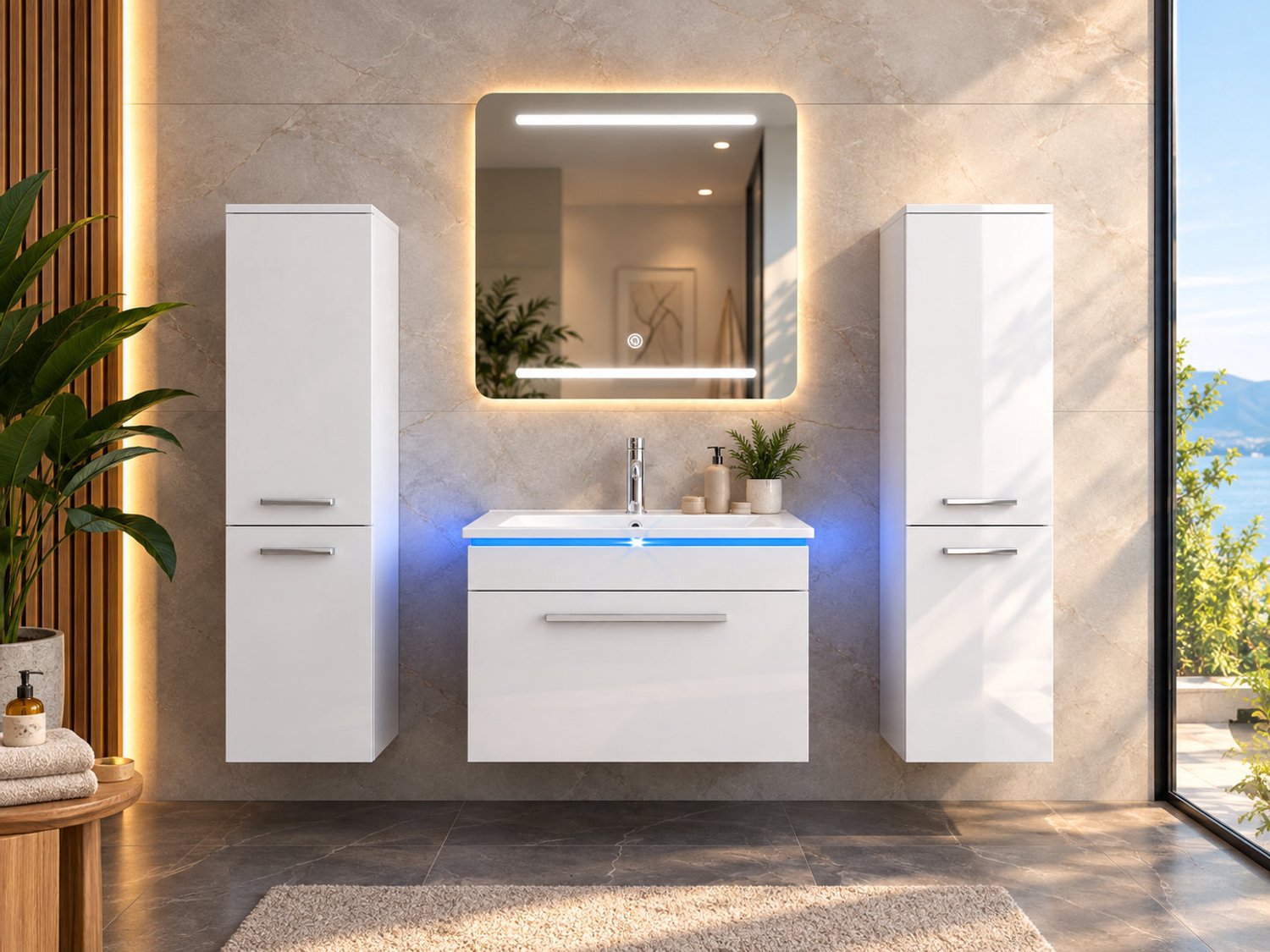 Faizee Home Badkamermeubelset 60 cm Hoogglans incl. keramische wastafel, LED-spiegel & Soft-Close