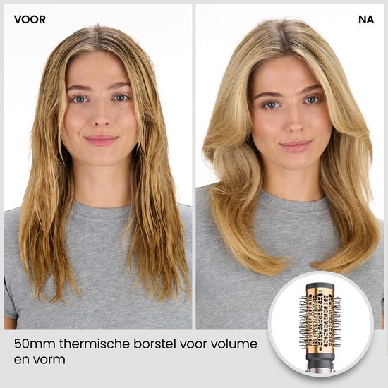 Model met golvend haar voor en na gebruik van de 50mm thermische borstel voor extra volume.