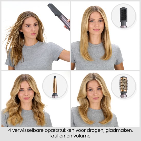 Vier beelden tonen verschillende haarstijlen met 4 verwisselbare opzetstukken: drogen, gladmaken, krullen en volume.