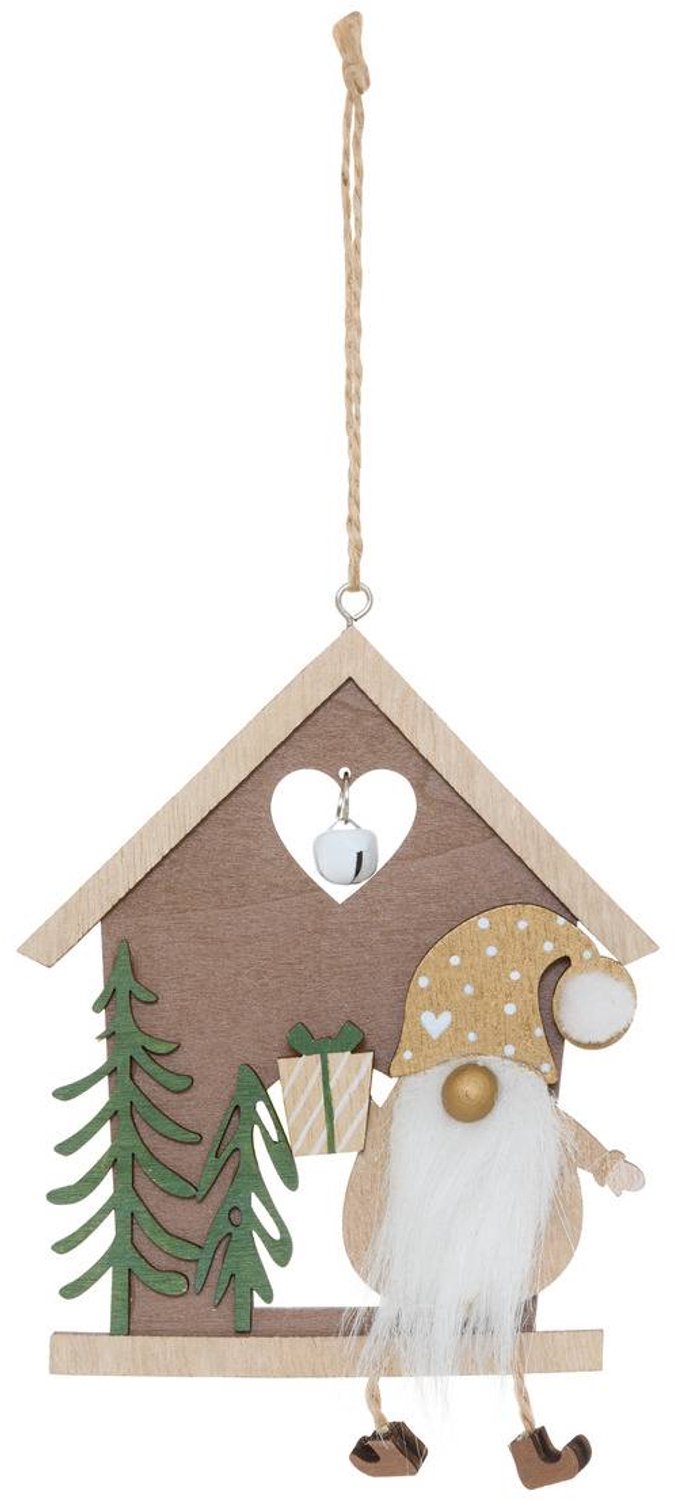 Feeric lights & Christmas Hangversiering met kerstboom, kabouter en houten huisje, 14 cm Marron
