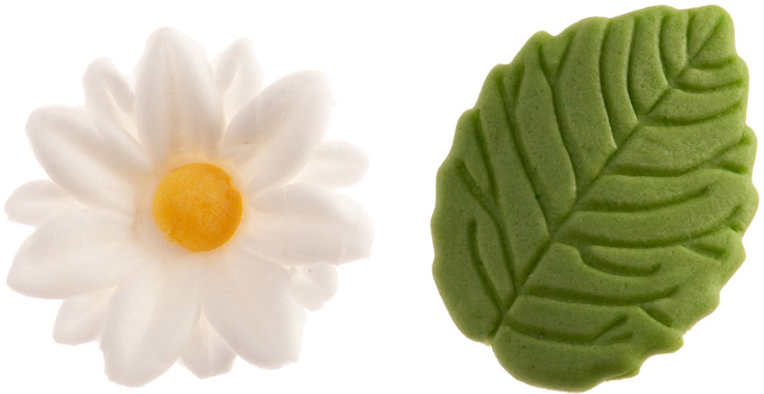 DEKORA - 12 Suikerdecoraties madelieven en groene bladeren 3cm
