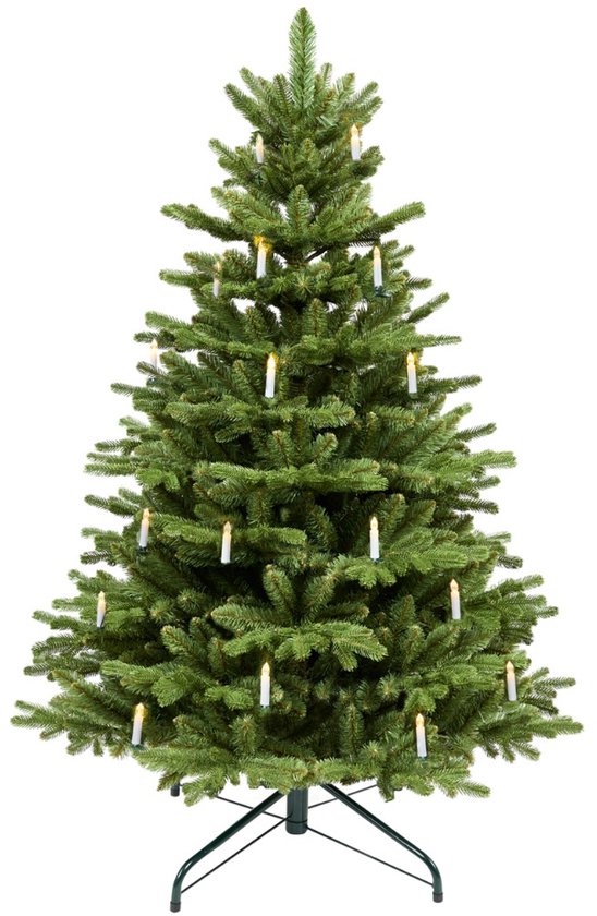 Volle, realistische kunstkerstboom met verlichte LED-kaarsjes op een groene metalen standaard.