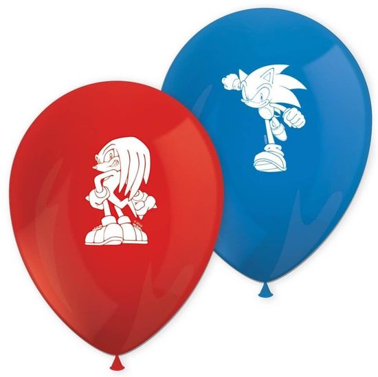 Rode ballon met witte Knuckles-opdruk en blauwe ballon met witte Sonic-opdruk met SEGA-logo.