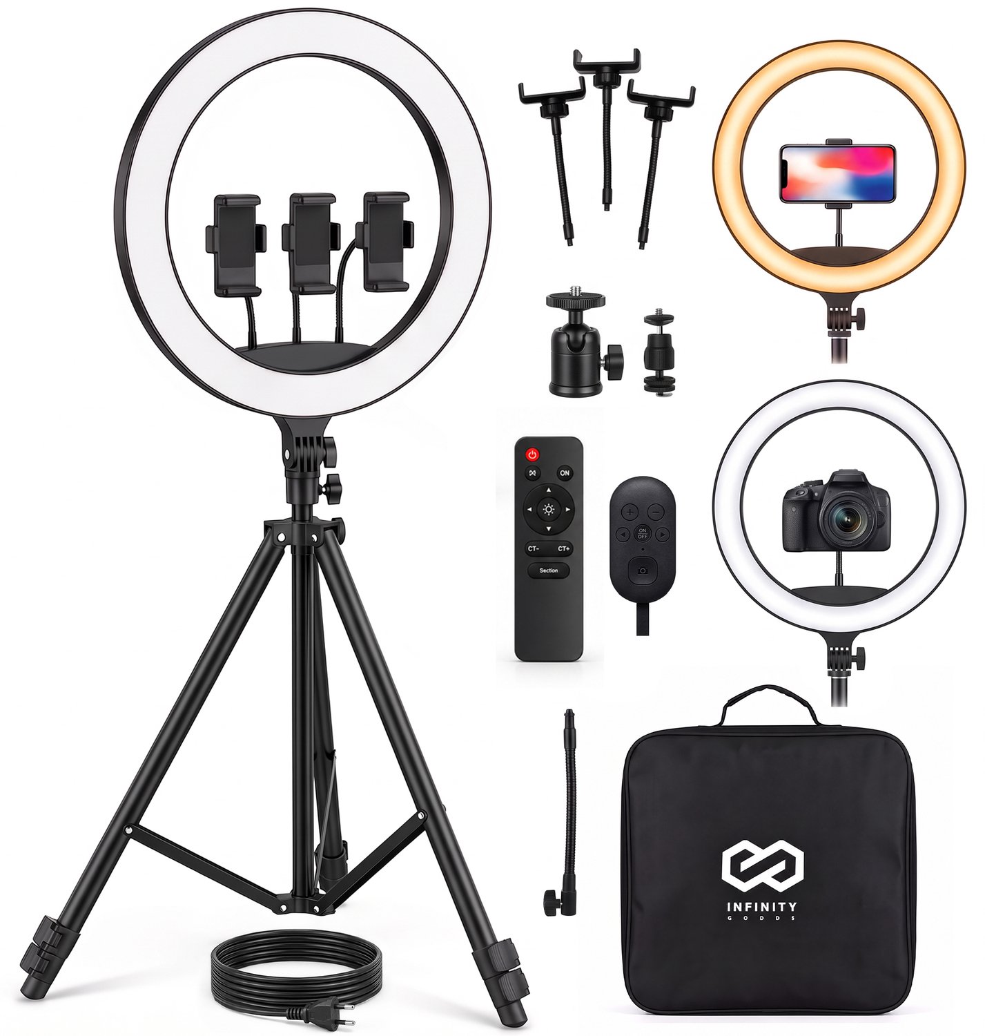 Infinity Goods Ringlamp Professioneel XL - 18 Inch - Verstelbaar Statief & Afstandsbediening - Ring Light - Incl. Stekker - Complete Set Voor TikTok / Streaming / Youtube - Zwart