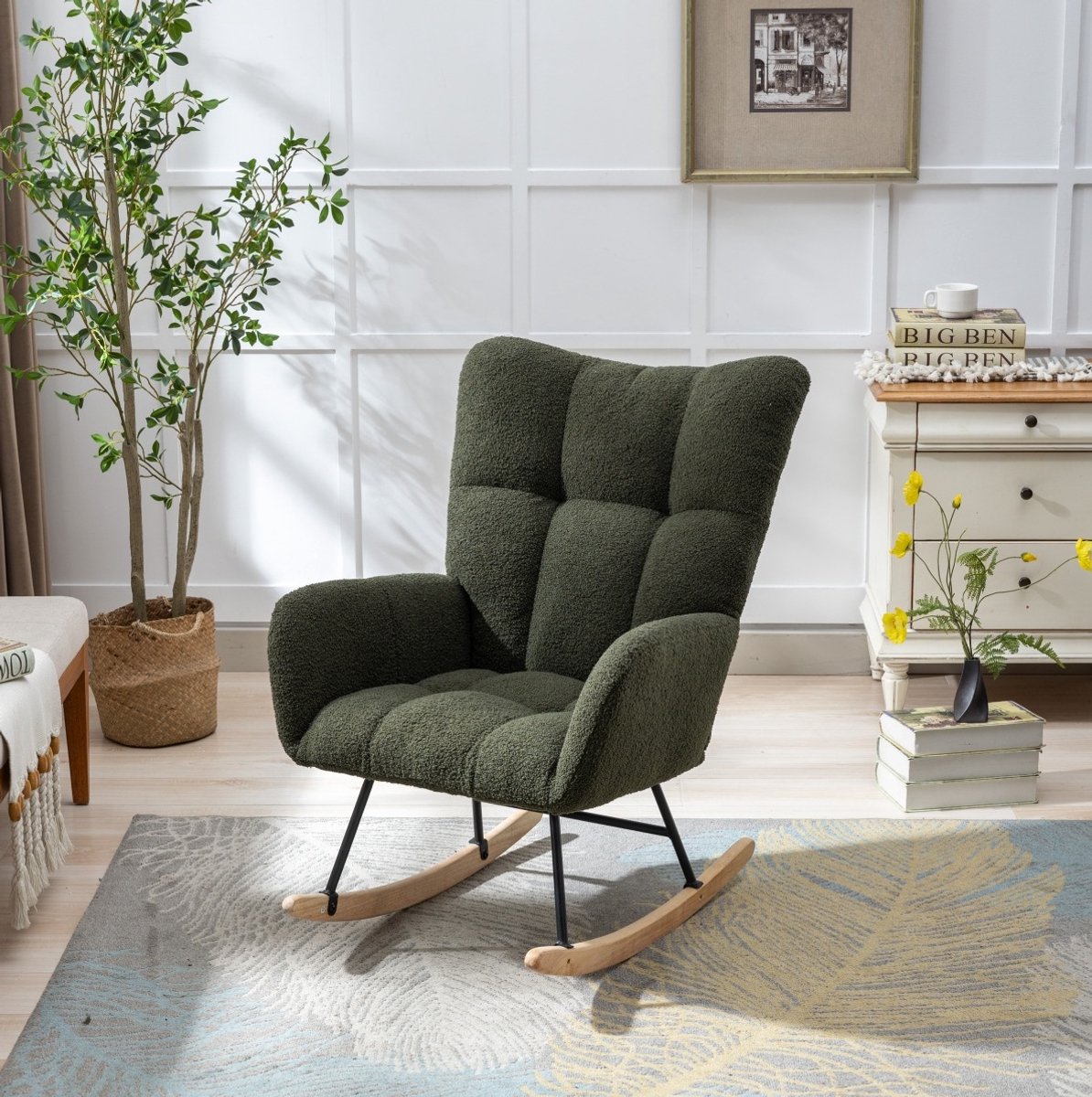 OKWISH Schommelstoel 65 x 77 x 90 cm - Ergonomische Fauteuil Met Armleuningen En Zachte Zitting - Voor Woonkamer, Slaapkamer En Kinderkamer - Teddy Stof En Metaal - Donkergroen