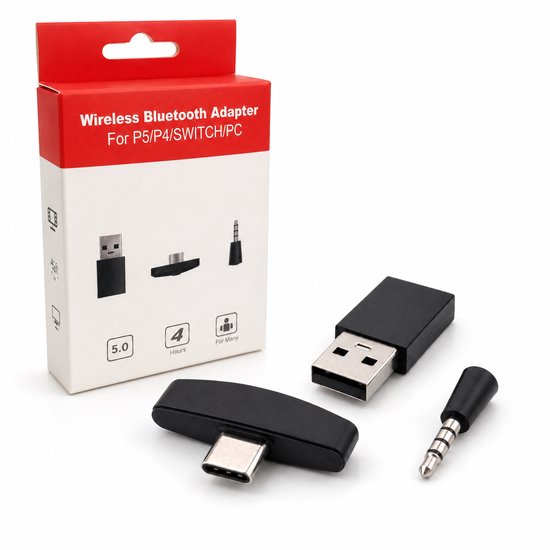 Zwarte Bluetooth-audioadapter met USB-C en 3.5mm jack, met een rode en witte verpakking.
