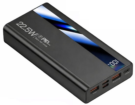 Zwarte powerbank met 22.5W PD Fast Charge en digitaal display.