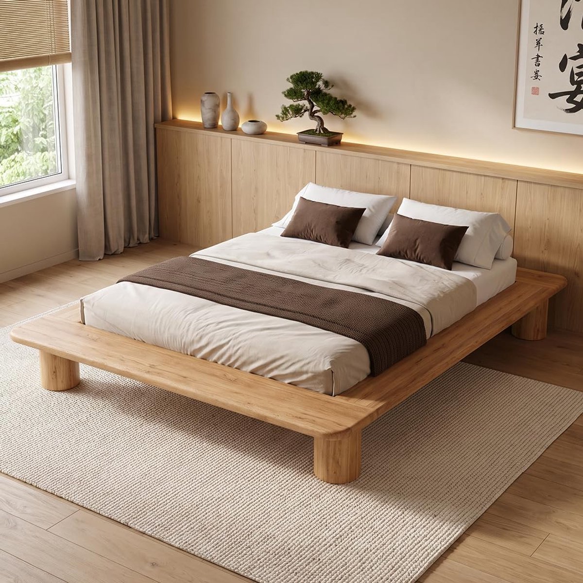 Bedframe 140x200 cm - Industrohome Solid Oak Minimalistisch laag bed met natuurlijke afwerking
