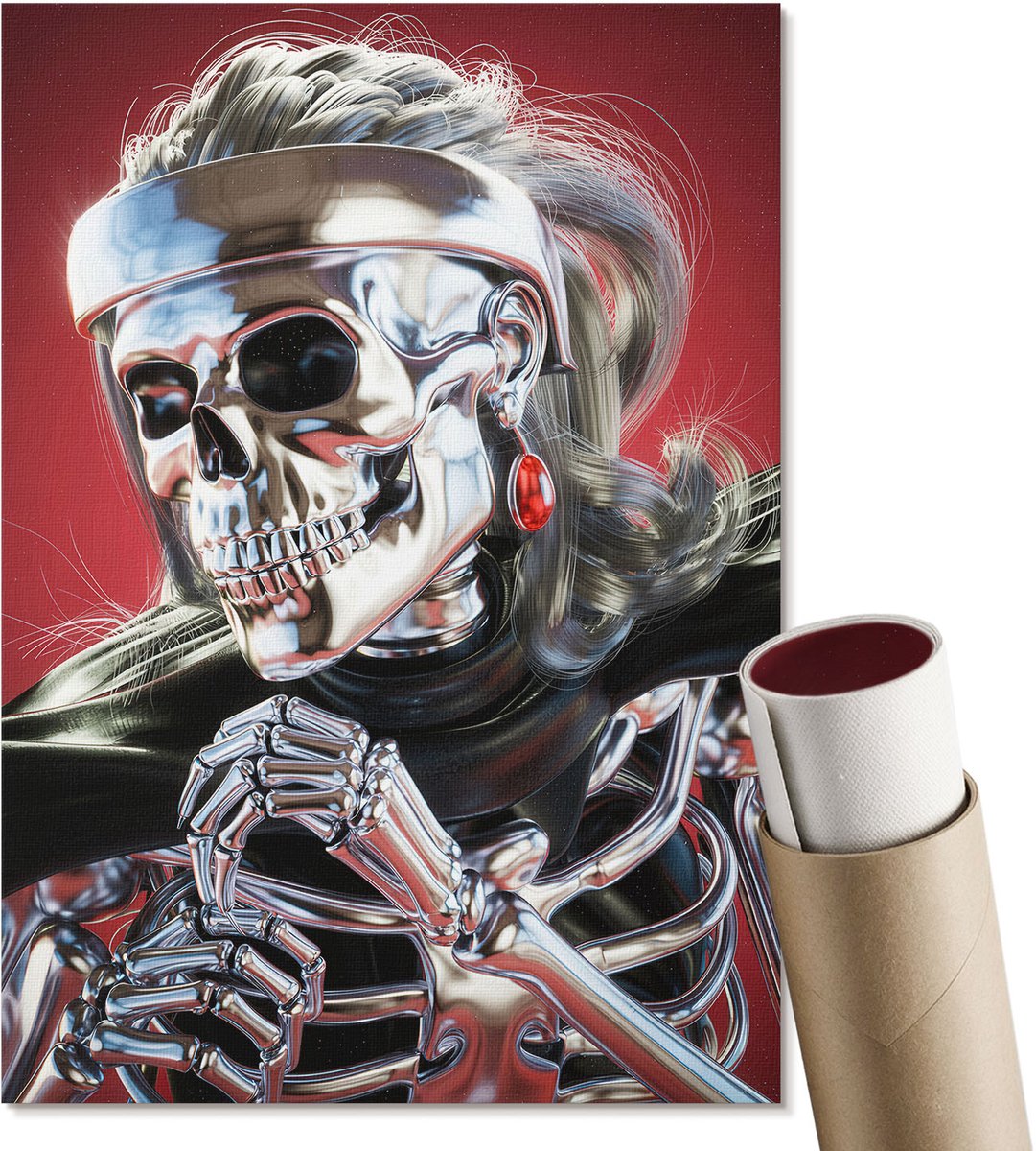 Coloray Polycanvas Wandposter - Futuristisch Skelet, Illustratie - A4 - Rood Kunst - Rechthoek - Interieurdecoratie - Woonkamer, Slaapkamer, Kantoor - Popcultuur