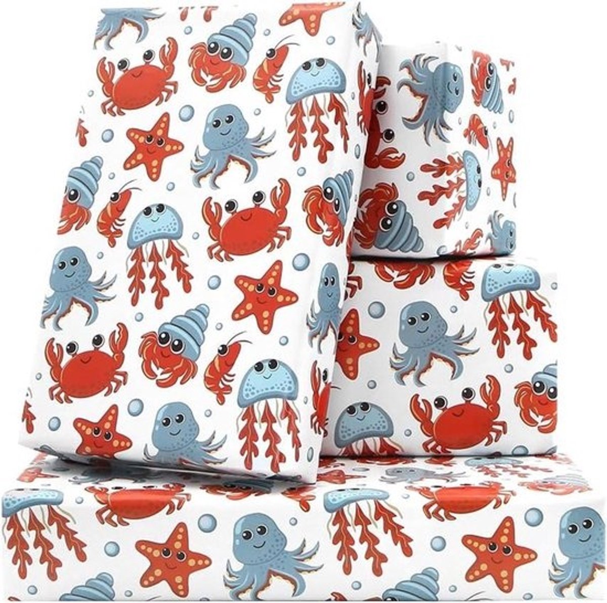 Oceaan Inpakpapier - Cadeaupapier Vellen - Cadeaus Versieren - Met Zee Dieren - 4 Vellen 50x70cm - Wit