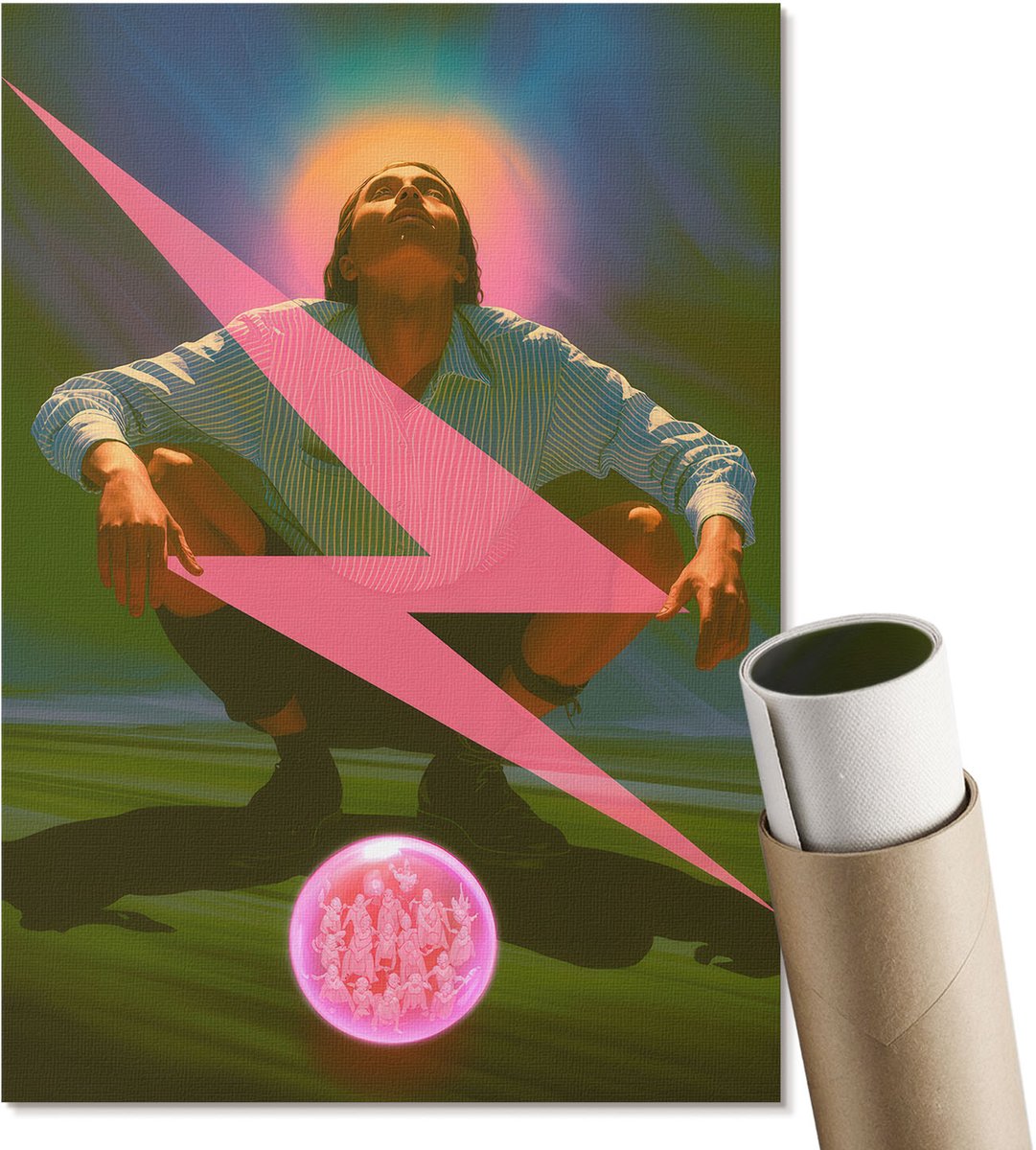 Coloray Polycanvas Poster - Surrealistische Man, Illustratie - A4 - Roze Motief - Rechthoek - Muurdecoratie - Woonkamer, Slaapkamer, Kantoor - Expressief