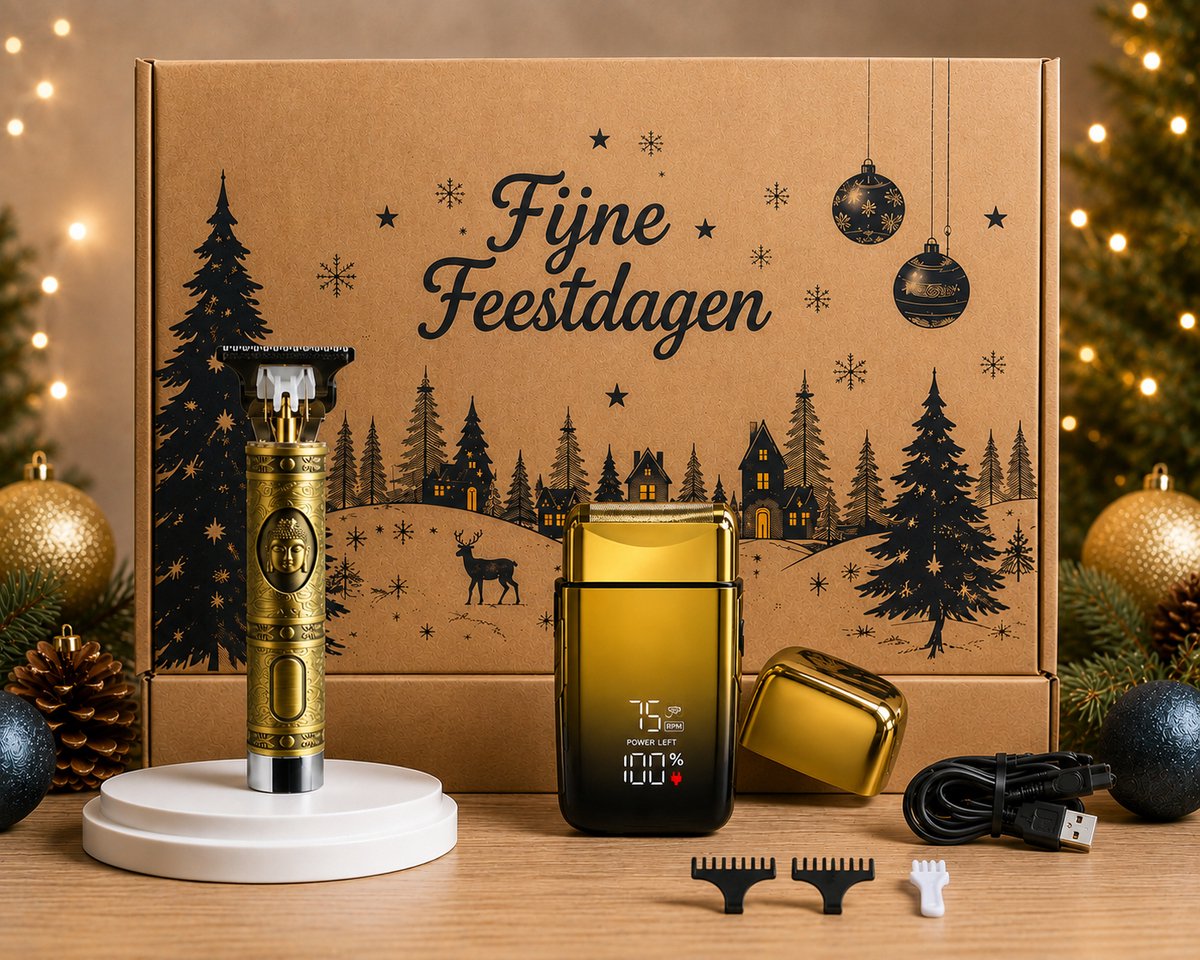 Kerstpakket 2026/2027 - Kerst Pakket Voor Mannen - Luxe Goude Trimmer met opzetstukken + Shaver - Non Food Cadeau Pakket
