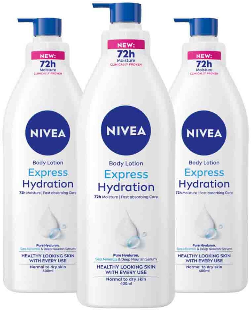 NIVEA Bodylotion Pump Express Hydration - 3 x 400 ml - Voordeelverpakking