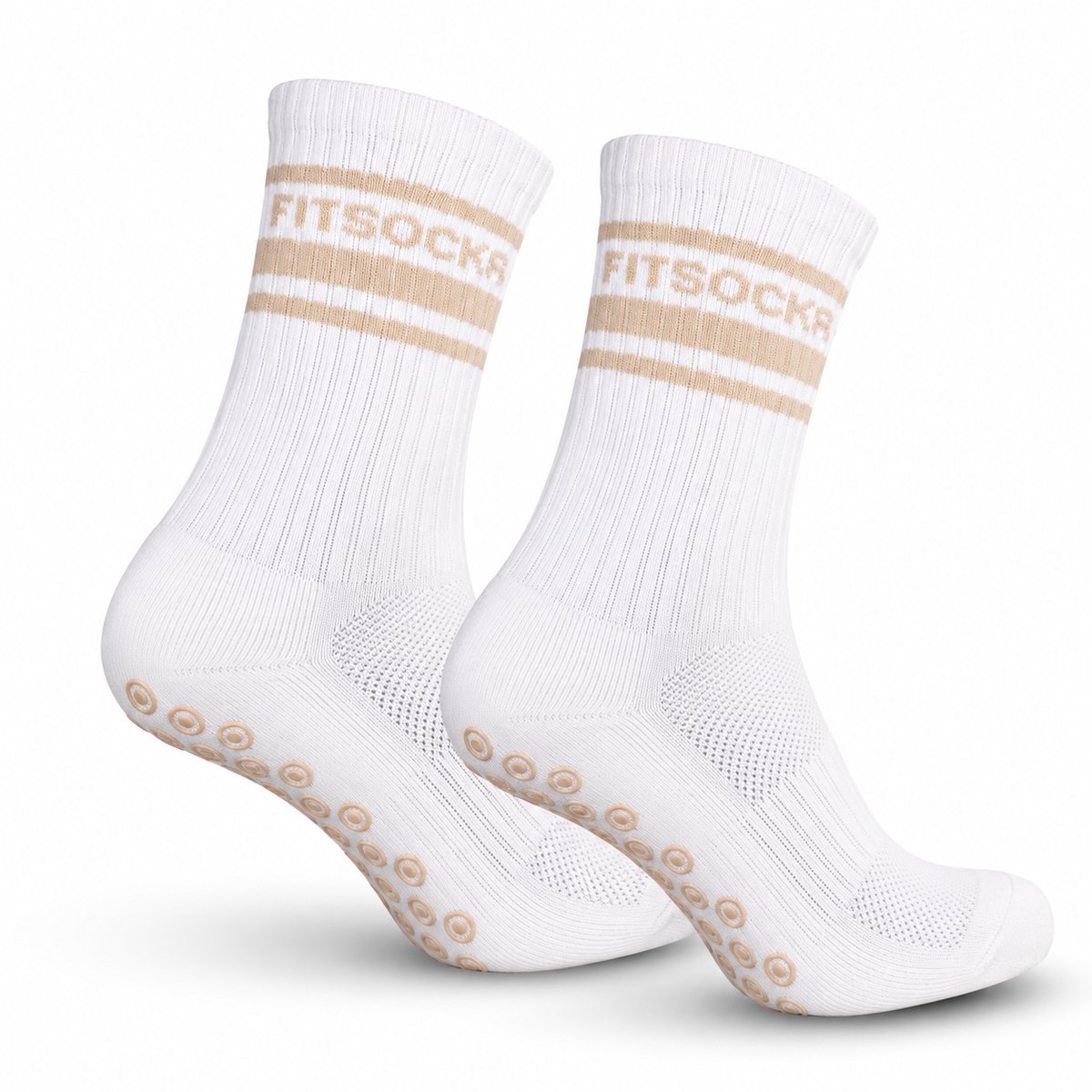 FitSockr Gripsokken Voetbal - Sportsokken - Grip socks - Voetbalsokken - Padel sokken - Antislip Sokken Heren/Dames/Kind - Line - Wit Beige- Maat 38-43