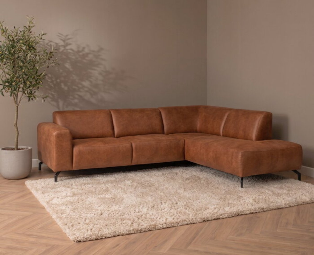 Hoekbank Bravino cognac - kentucky 09 lederlook – Ottomane rechts – 275x210 cm