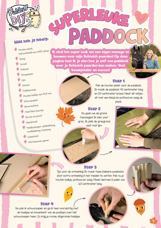 Een doe-het-zelf gids om een paardenpaddock te maken, met stappen, instructies en materialen zoals hout en lijm.
