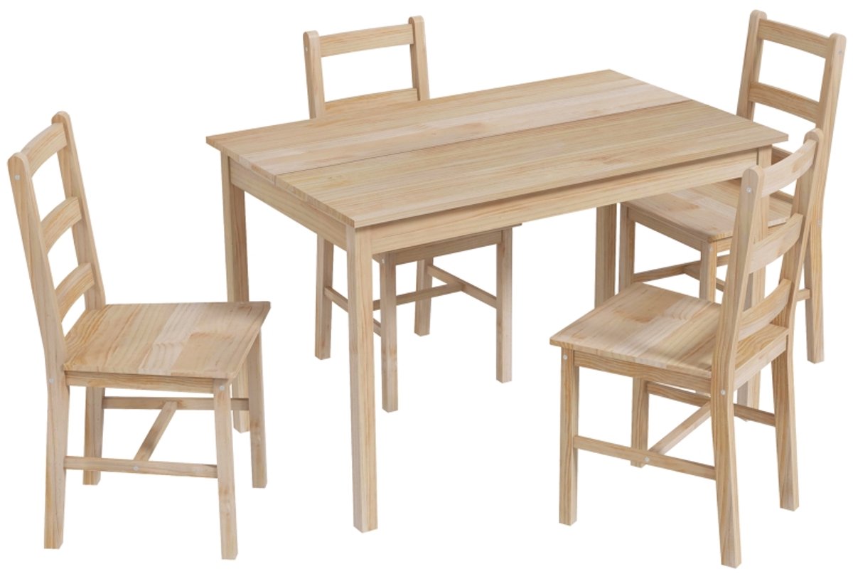 5-delige eetkamerset, 118 × 73 × 75 cm (tafel), 41,5 × 46 × 90 cm (stoelen), houtkleur, hout, inclusief 4 stoelen en 1 tafel. Eenvoudig, praktisch en stijlvol ontwerp, stabiel en duurzaam, geschikt voor keuken, eetkamer en dagelijks gebruik.
