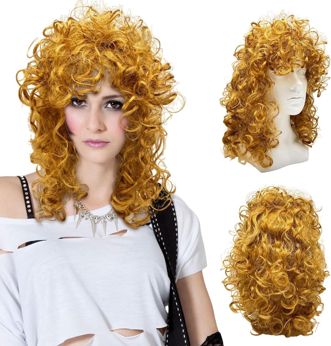 Blonde Krullende Pruik voor Vrouwen - 80s Carnaval Thema, Afro Lange Krullen voor Halloween Kostuum en Feestaccessoire