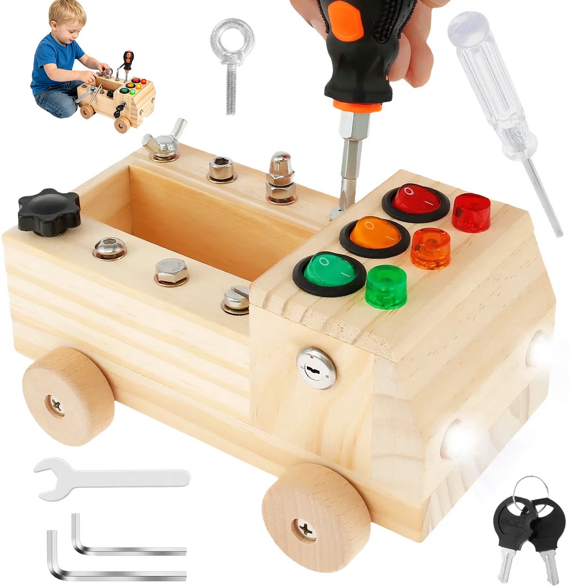 Montessori Gereedschap Speelgoed Kinderen - Houten Gereedschapsauto - Schroeven en Moeren - LED Verkeerslicht - Motoriek Speelgoed - Vanaf 3 Jaar