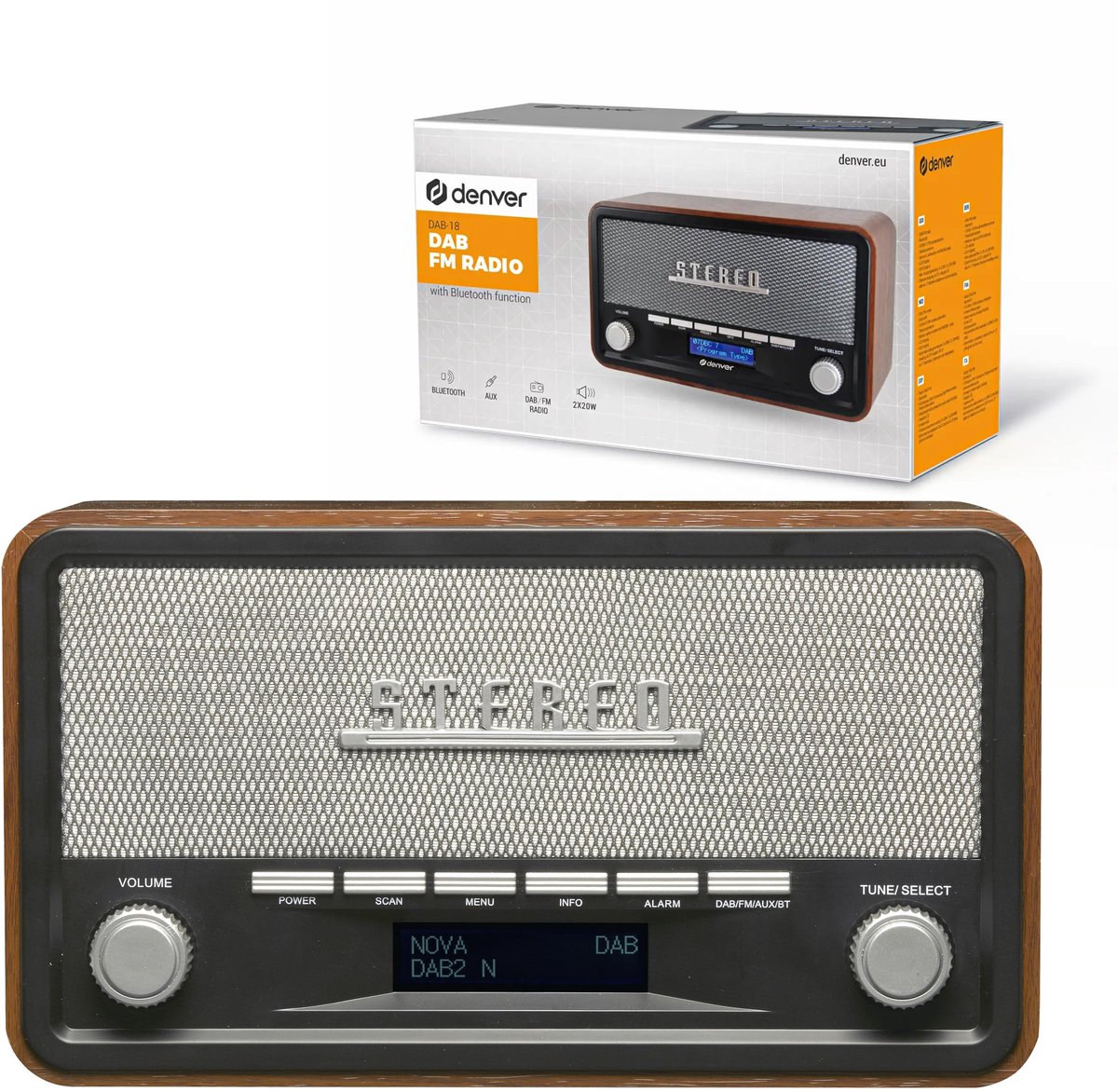 DAB+ Radio Retro Bluetooth DAB/FM Radio met LCD Scherm AUX Ingang Dimfunctie en Batterijvoeding