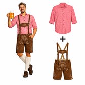 Partyxclusive Ensemble Oktoberfest 2 Pièces Pantalon/Chemise Lederhose Flachau + Chemise Rouge Oktoberfest Homme Lederhosen Homme Vêtements Carnaval Homme - Cuir - Polyester - Marron foncé - Rouge - Taille L
