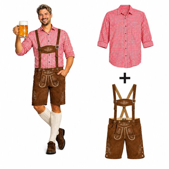 Oktoberfest Set Heren 2-Delig – Lederhosen Man 100% Echt Leer met Blouse – Lederhose Heren Flachau Donkerbruin + Rode Blouse – Tiroler Pak Heren – Partyxclusive – Maat L