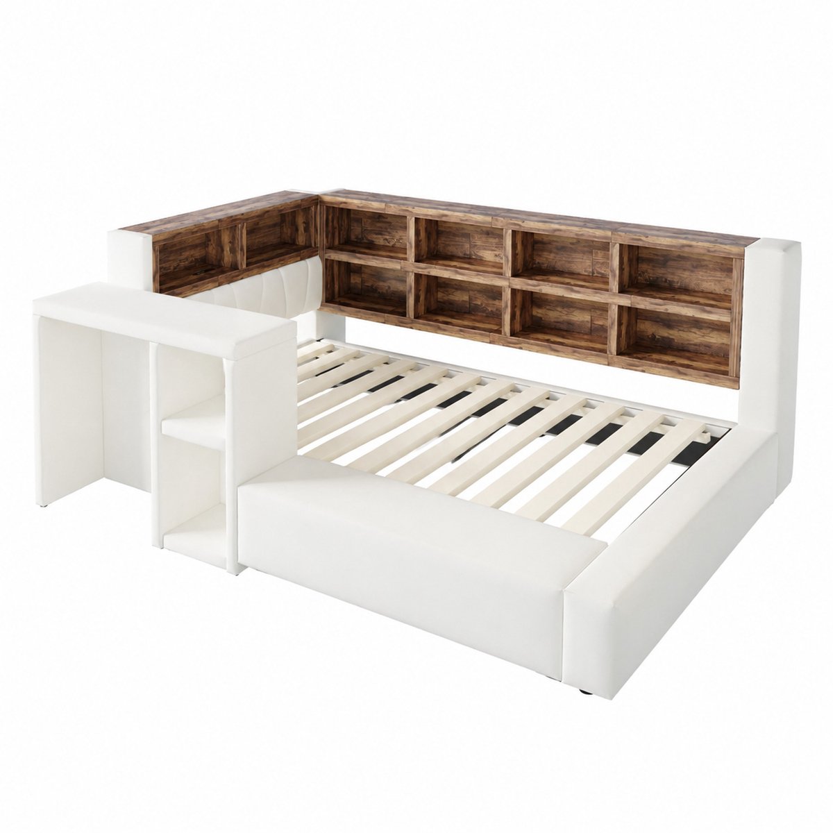 WUVRIE Polsterbed 90 x 200 cm met opbergruimte, LED, stekkerdozen en bijzettafel, beige