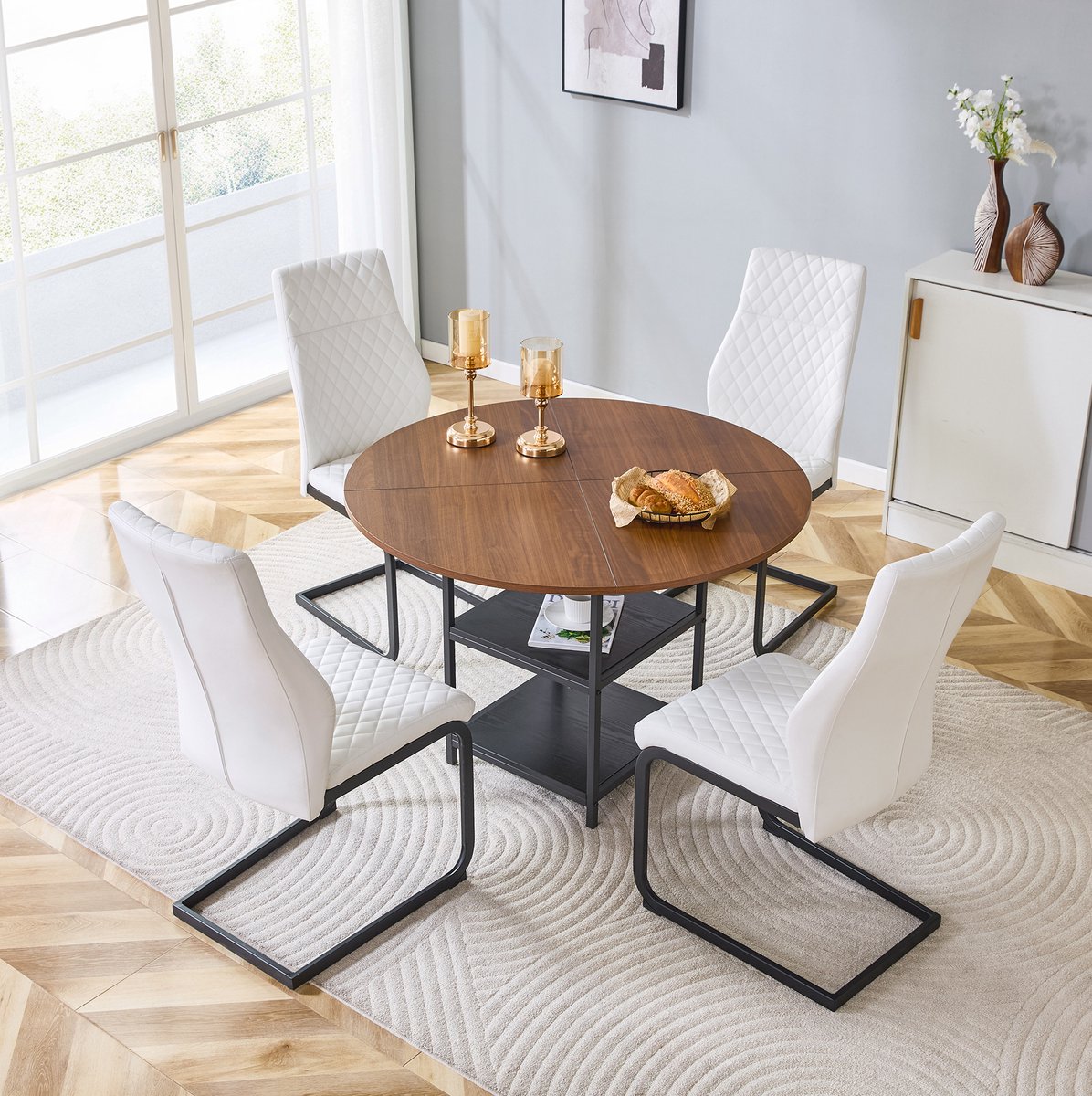 MODFU - Set Tafel En Stoelen - Ronde Eettafel 107 Cm Met 4 Stoelen - Industrieel - MDF Metaal