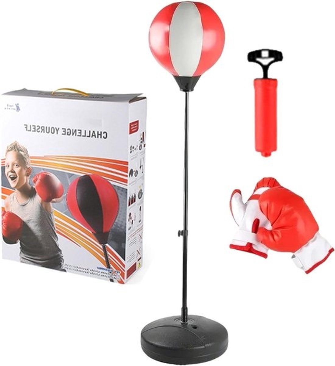 Bokszak met Standaard - Bokszakset Kinderen - Stress Verlichten - Verstelbare Hoogte - 39 cm Breed - Wit Rood