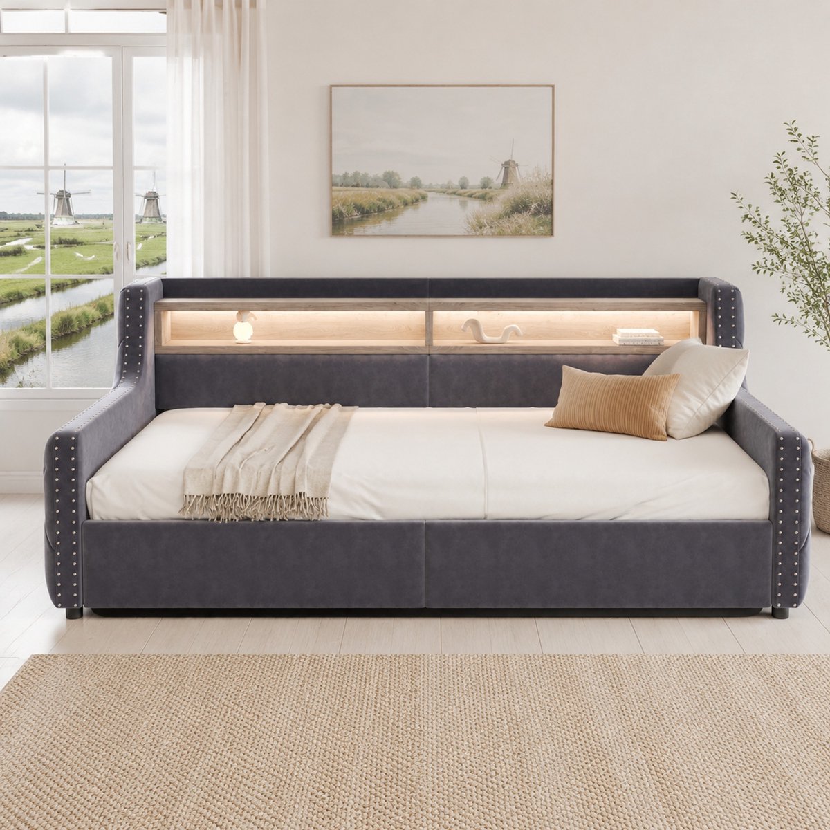 WUVRIE Slaapbank 90x200 cm met opbergruimte, LED-verlichting, lattenbodem en armleuningen, grijs