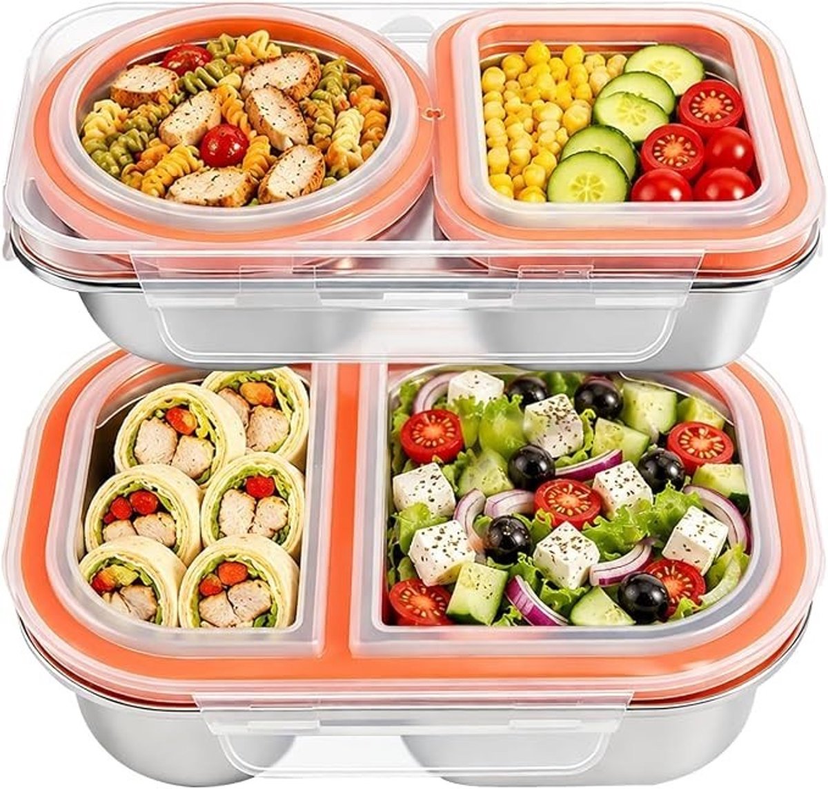 PolkaHome 2-delige roestvrijstalen lunchbox met 4 vakken - Bento box voor kinderen en volwassenen