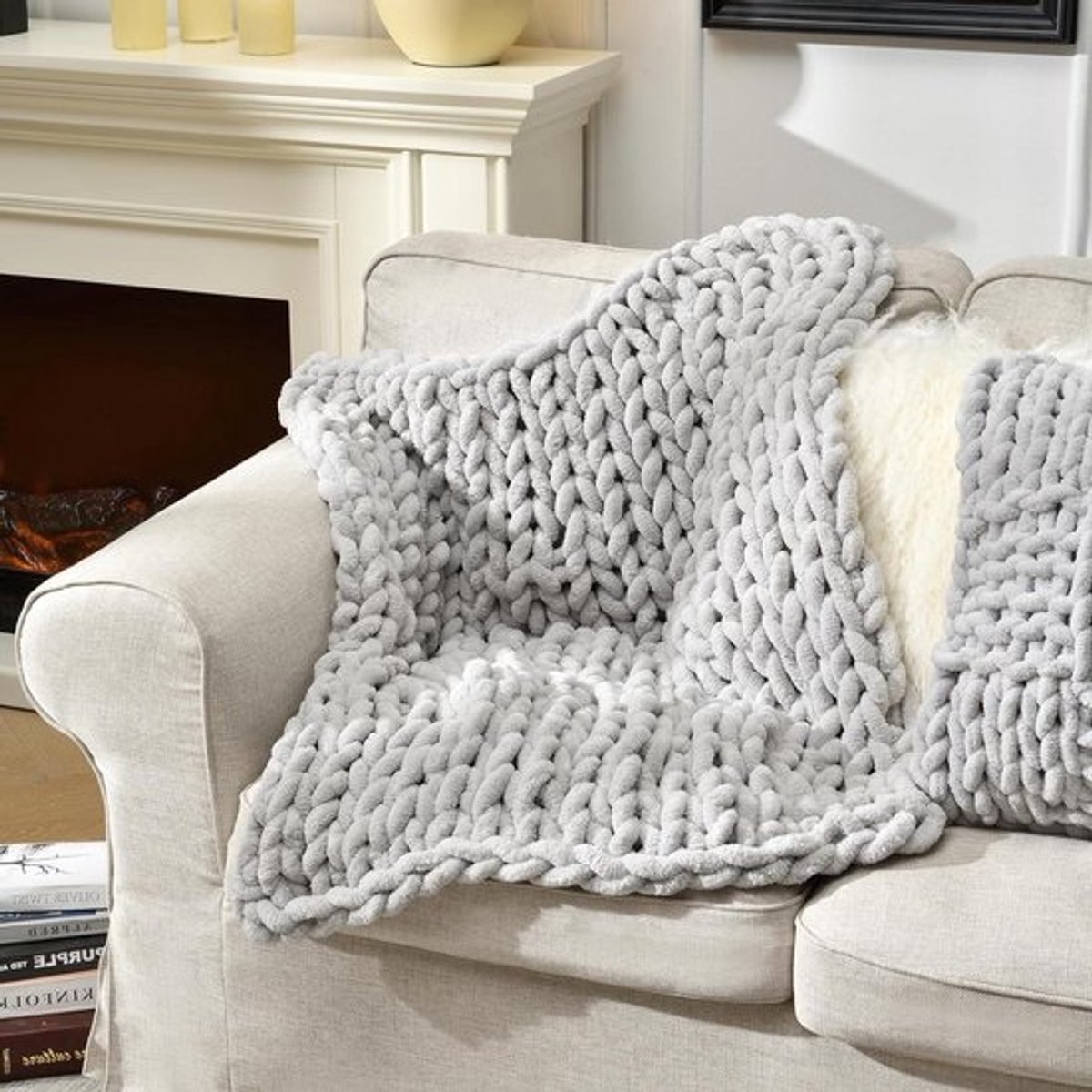 Grof gebreide deken - Chenille plaid - Woondecoratie - Handgemaakt dik garen - 75 x 100 cm - Lichtgrijs