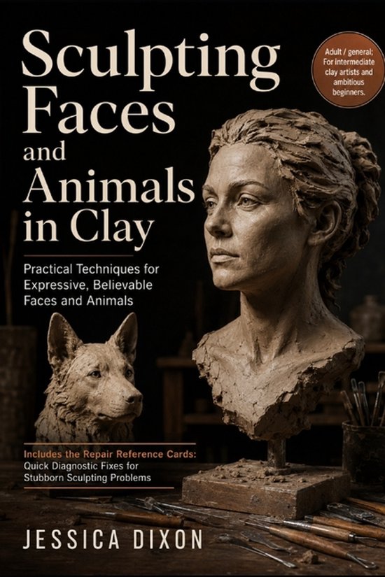 Couverture de livre : Sculpting Faces and Animals in Clay par Jessica Dixon, avec des sculptures en argile d'une femme et d'un chien.