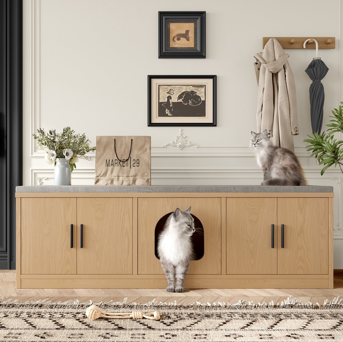 MODFU-Dressoir-Kattenklokast-Verstelbare Planken-Oak-140 X 40 X 45,5 Cm