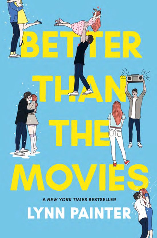 Boekcover met de titel 'BETTER THAN THE MOVIES' in gele letters. Meerdere illustraties van koppels en een man met een radio op een blauwe achtergrond.