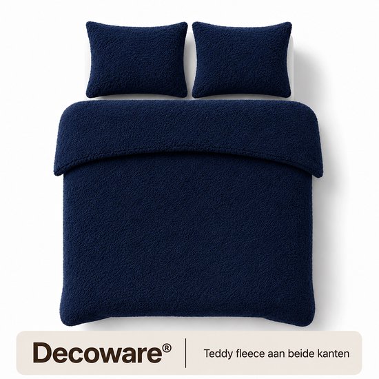 Decoware navy teddy fleece dekbed met twee kussenslopen, teddy fleece aan beide kanten.