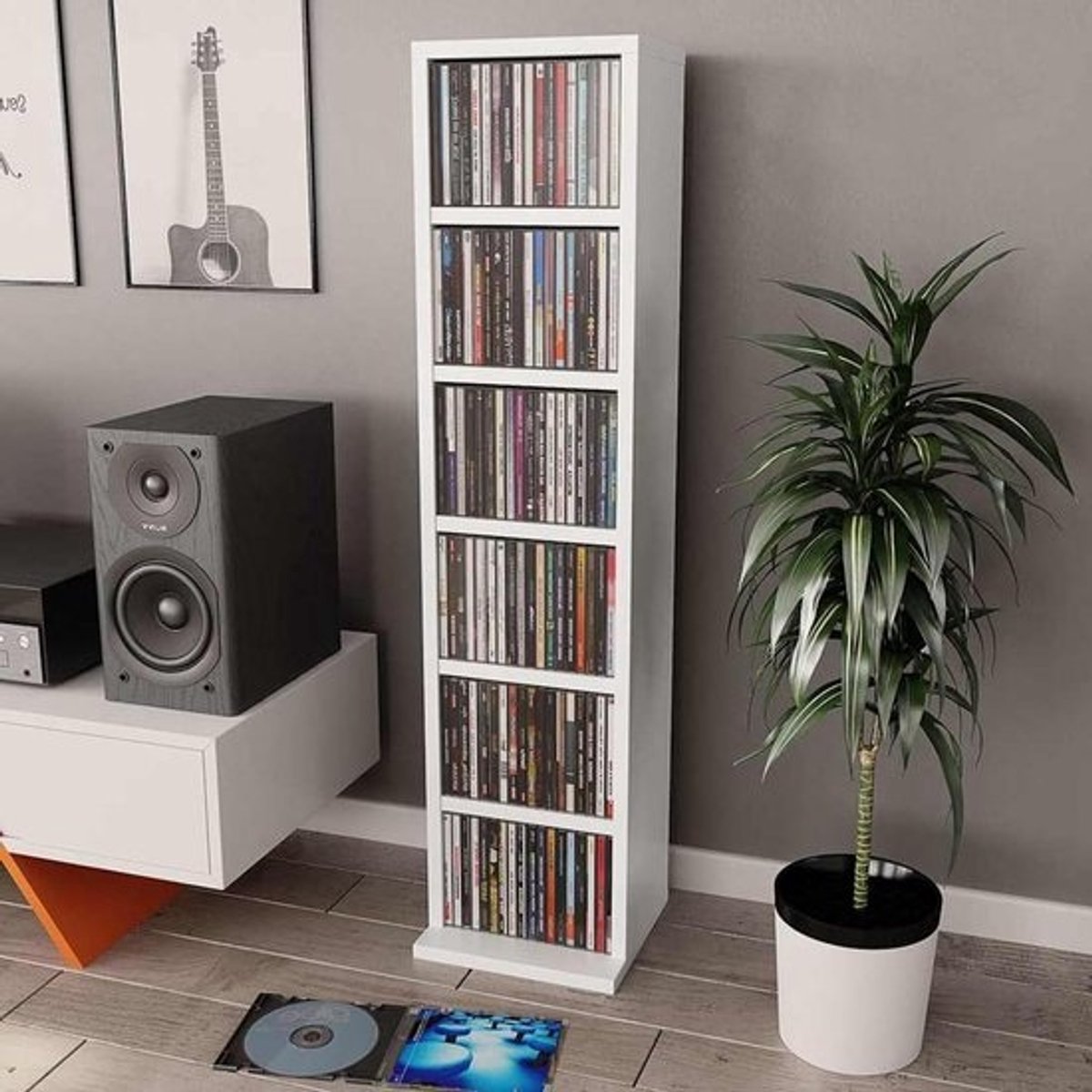 Cd-kast - Muziekrek Opbergkast - Muziekcollectie Organiseren - Zes Open Vakken - 21 x 20 x 88 cm - Wit