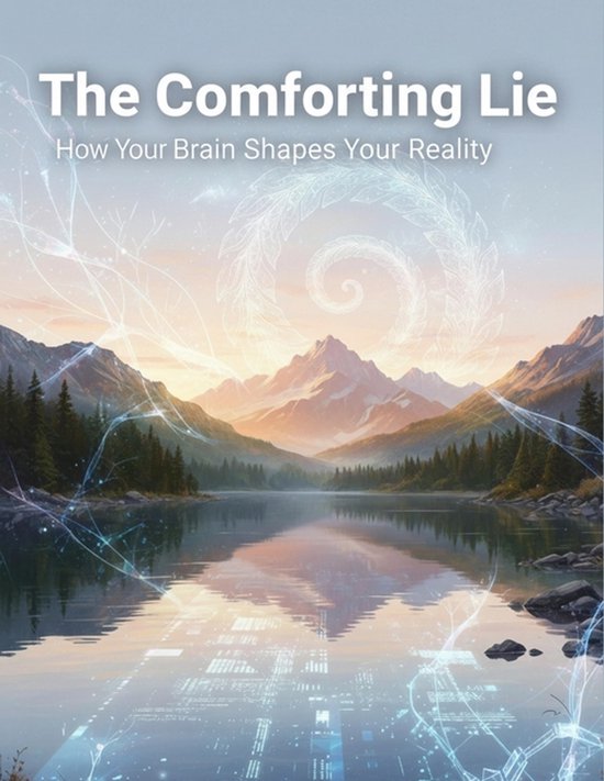 Boekomslag: "The Comforting Lie" met bergen, bos en meer, versierd met etherische, lichtgevende abstracte patronen.