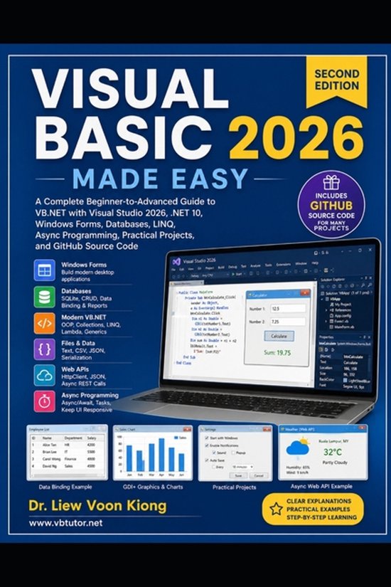 Boekomslag Visual Basic 2026 Made Easy, tweede editie, met afbeelding van laptop en programmeercode.