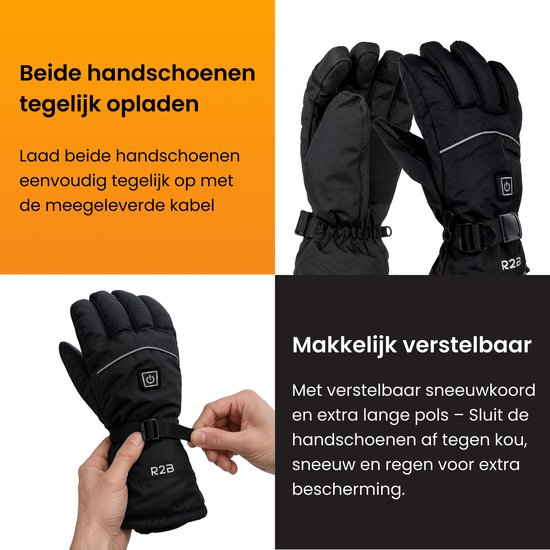 Zwarte, verwarmde handschoenen met R2B logo, verstelbare sneeuwkoorden en een aan/uit knop.