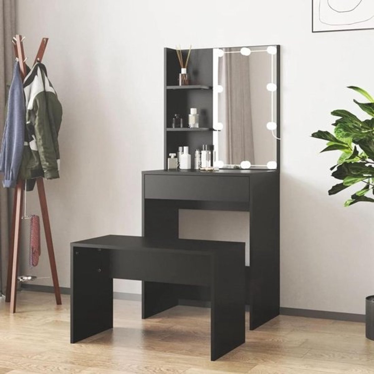 Kaptafel met Spiegel - Make-uptafel Kapmeubel - Schoonheidsroutine - Geïntegreerde Ledverlichting - 60 x 40 x 140 cm - Zwart