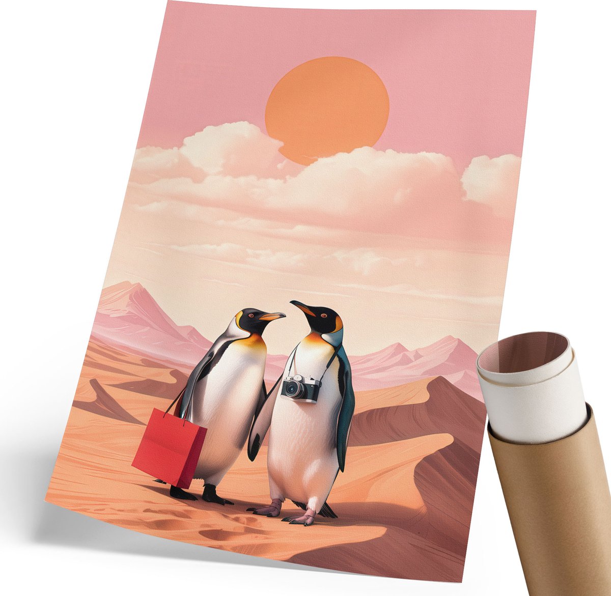 Coloray Polycanvas Poster - Pinguïns In De Woestijn, Illustratie - 210 x 297 mm - Roze Wanddecoratie - Rechthoek - Wandkunst - Woonkamer, Slaapkamer, Kantoor - Expressief