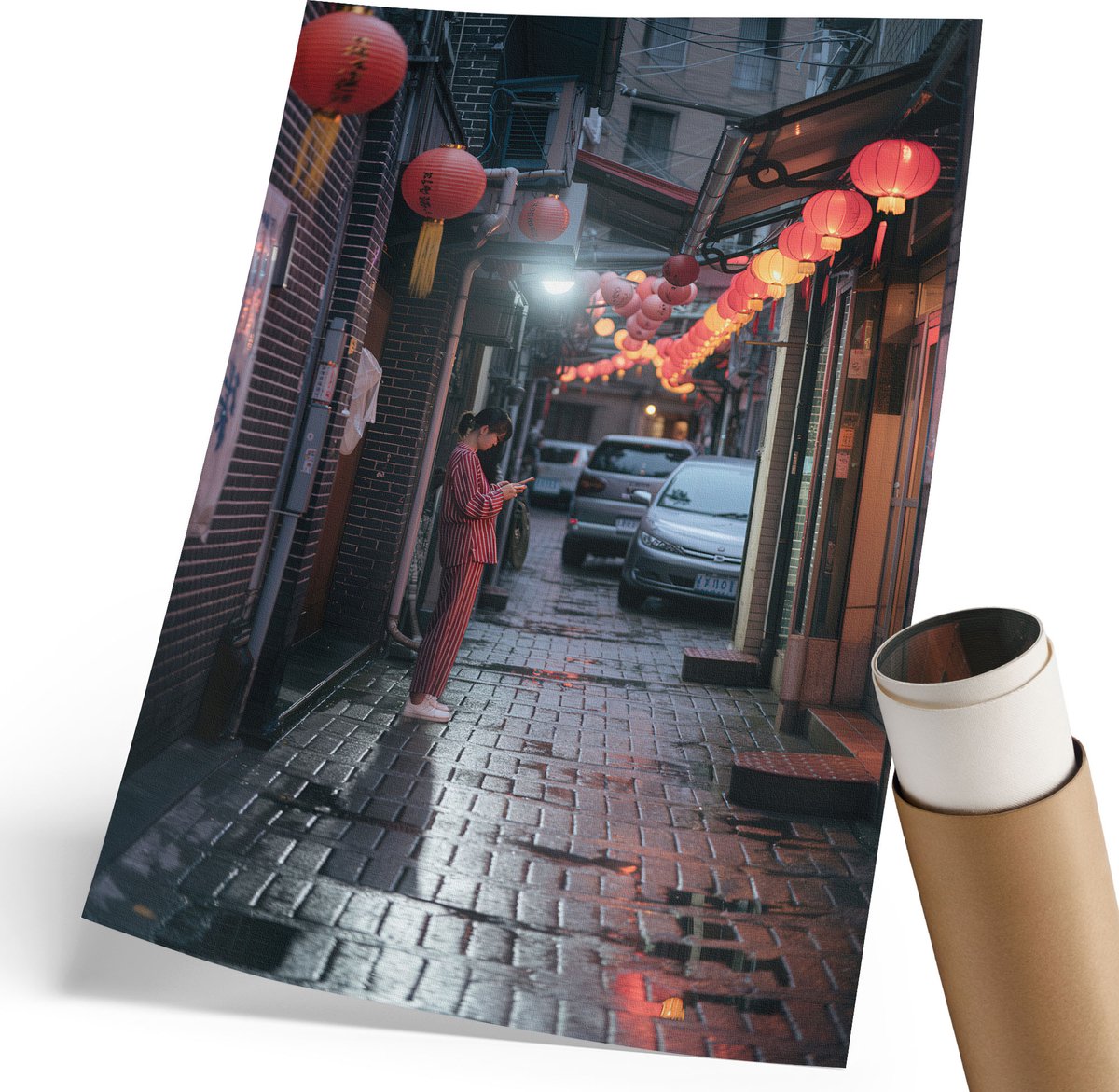 Coloray Polycanvas Wandposter - Aziatische Straat, Fotografie - 210 x 297 mm - Rood Wandposter - Rechthoek - Wandkunstwerk - Woonkamer, Slaapkamer, Kantoor - Modern