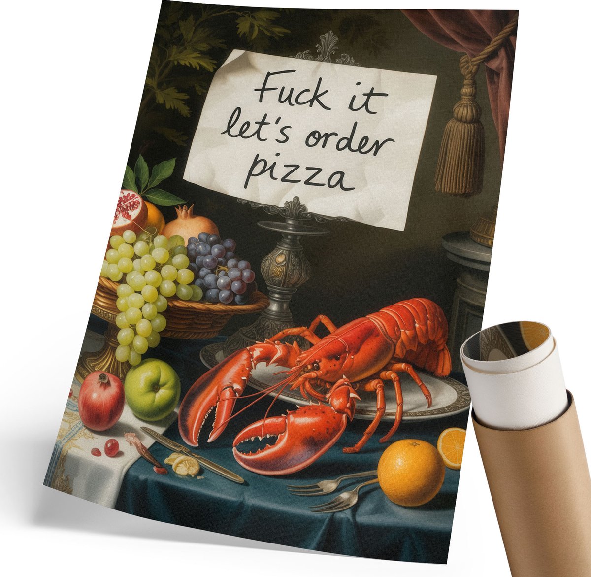 Coloray Polycanvas Wandposter - Een Tafel Met Eten, Schilderen - 210 x 297 mm - Rood Poster - Rechthoek - Muurkunst - Woonkamer, Slaapkamer, Kantoor - Klassiek