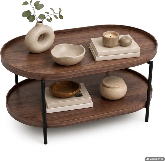 Ovale salontafel met walnootfineer, decoratief met vaas, kom, boeken, kaars en potje.