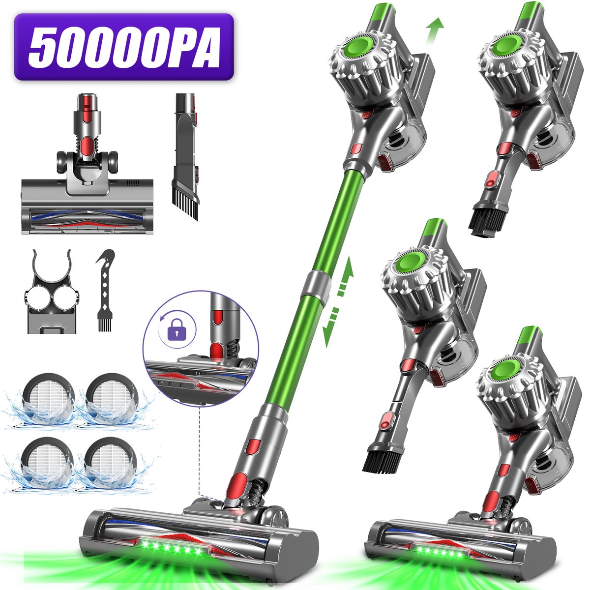 Adormii Steelstofzuiger Draadloos – 50 kPa Sterke Zuigkracht – Tot 60 Min Accuduur – Anti-haarwikkel Vloerborstel – 4 HEPA-filters – 1,6 L Stofreservoir – Groene LED Stofdetectieverlichting – Groen