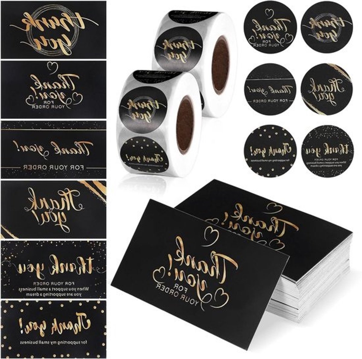 Bedankkaarten en Stickers - Verpakking inserts Cadeaukaarten - Kleine Bedrijven Ondersteunen - Klassiek Zwart Ontwerp - 1120 stuks - Zwart
