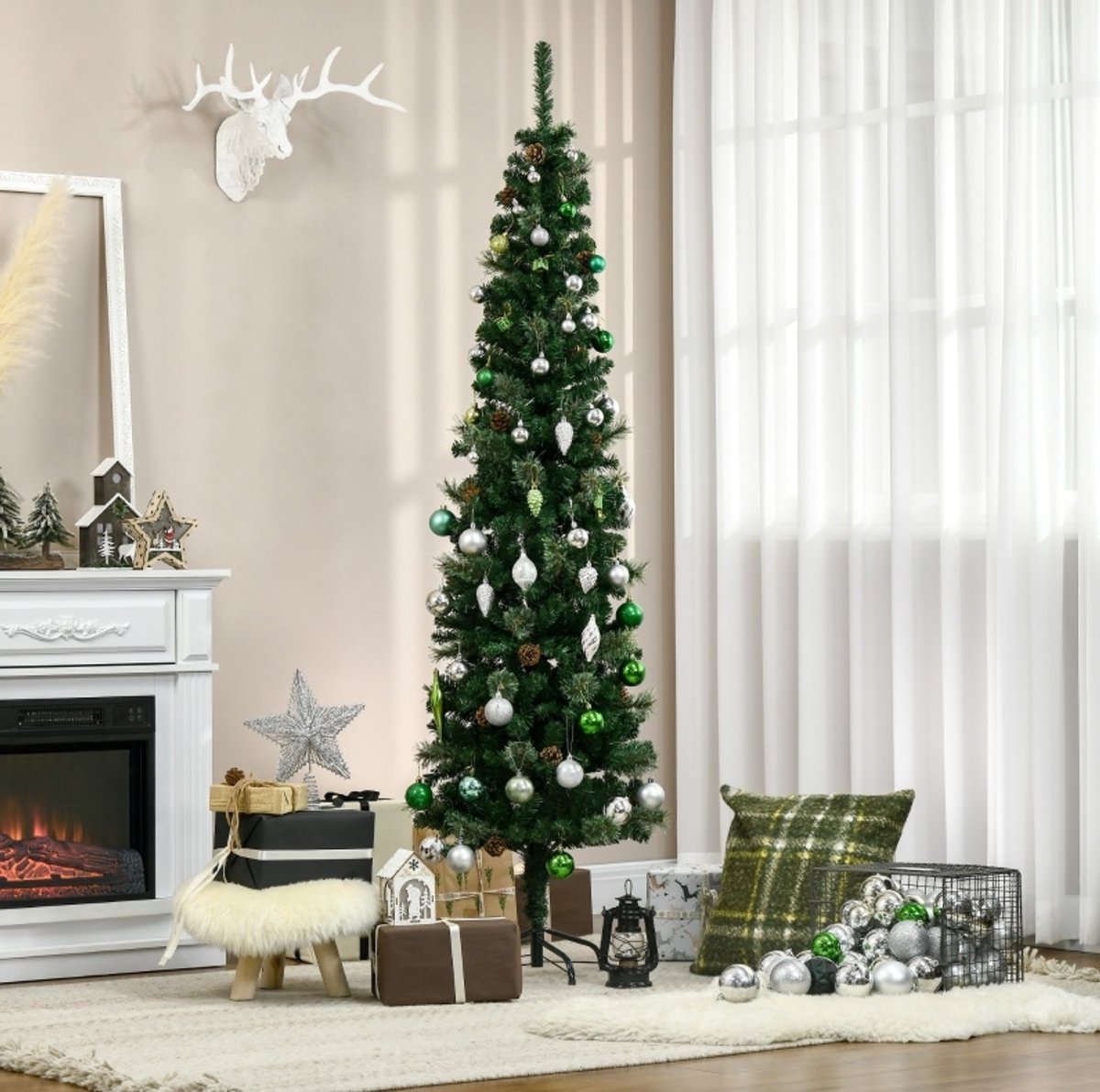 MODFU-Kunstkerstboom-Slank-Met-Sparappels-Groen-195 Cm