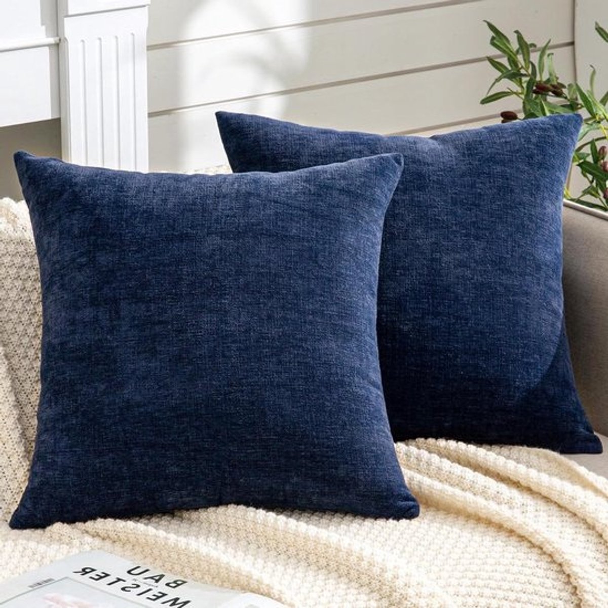 Decoratieve Kussenhoezen - Sierkussenhoezen Chenille - Woonkamer Decoratie - Zacht Chenille Materiaal - 60x60 cm - Donkerblauw